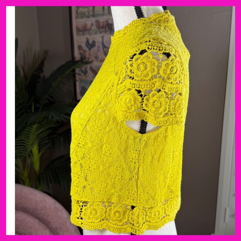 Forever 21 Lace Top, Mock Neck, Short Sleeve, Yellow Blouse, Size Small NWT - Picture 7 of 11